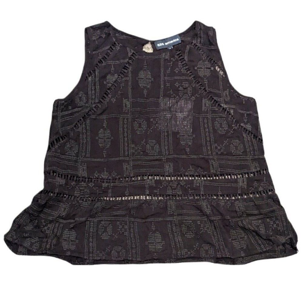 525 America Embroidered Tank Black Open Knit Semi-Sheer Boho Festival Small